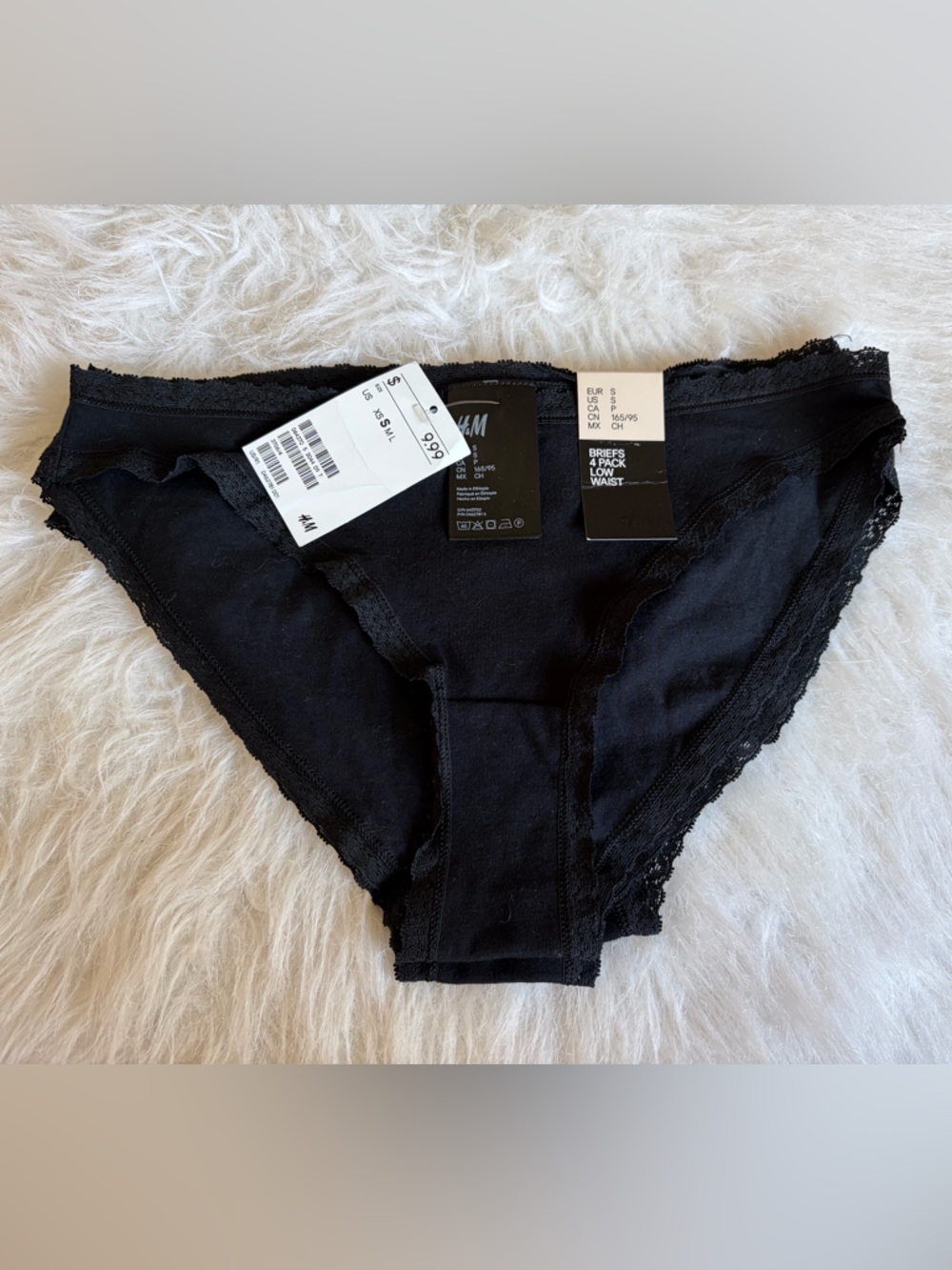 New! Set of 4 H&M Black Cotton Bikini Briefs with Lace Trim